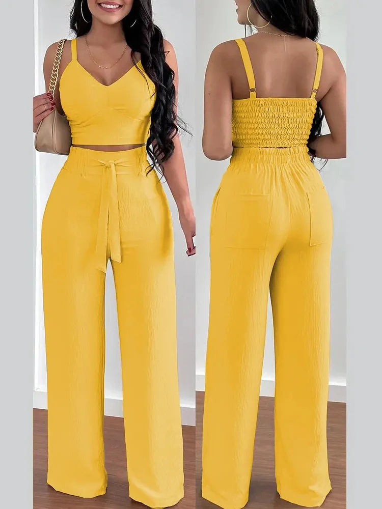 2024 Conjuntos Para Mujeres 2 Piezas Women V-neck Two-piece Set Backless Sleeveless Long Pants Casual 2 Piece Sets Women Outfit