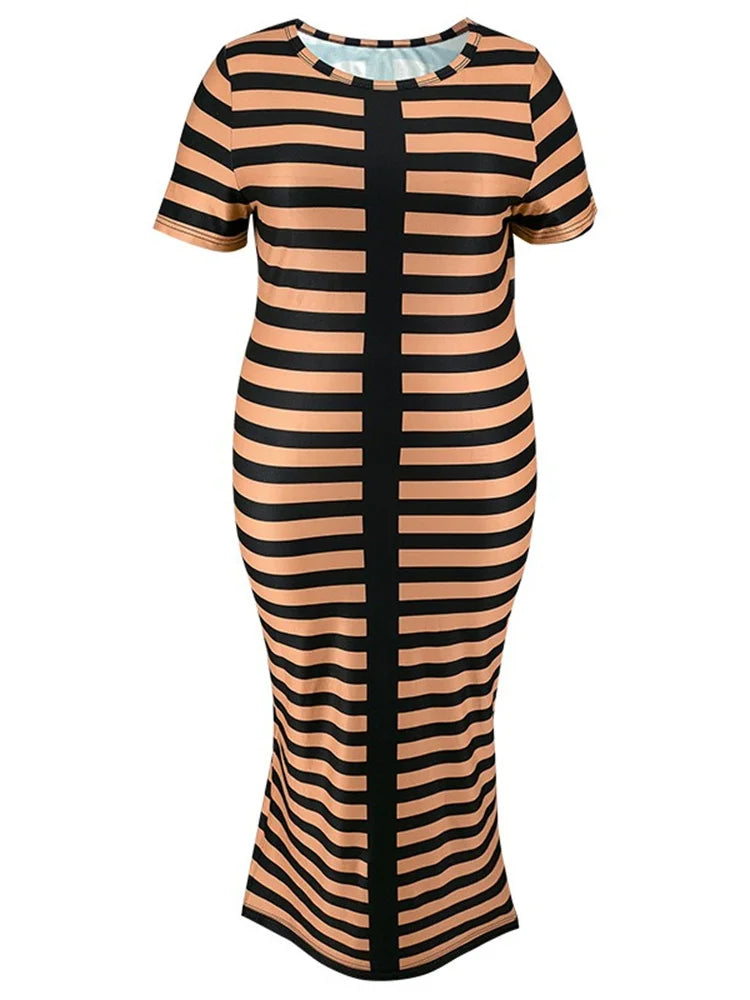 Plus Size Dresses for Women Short Sleeve striped Maxi long Dress Bodycon Strech