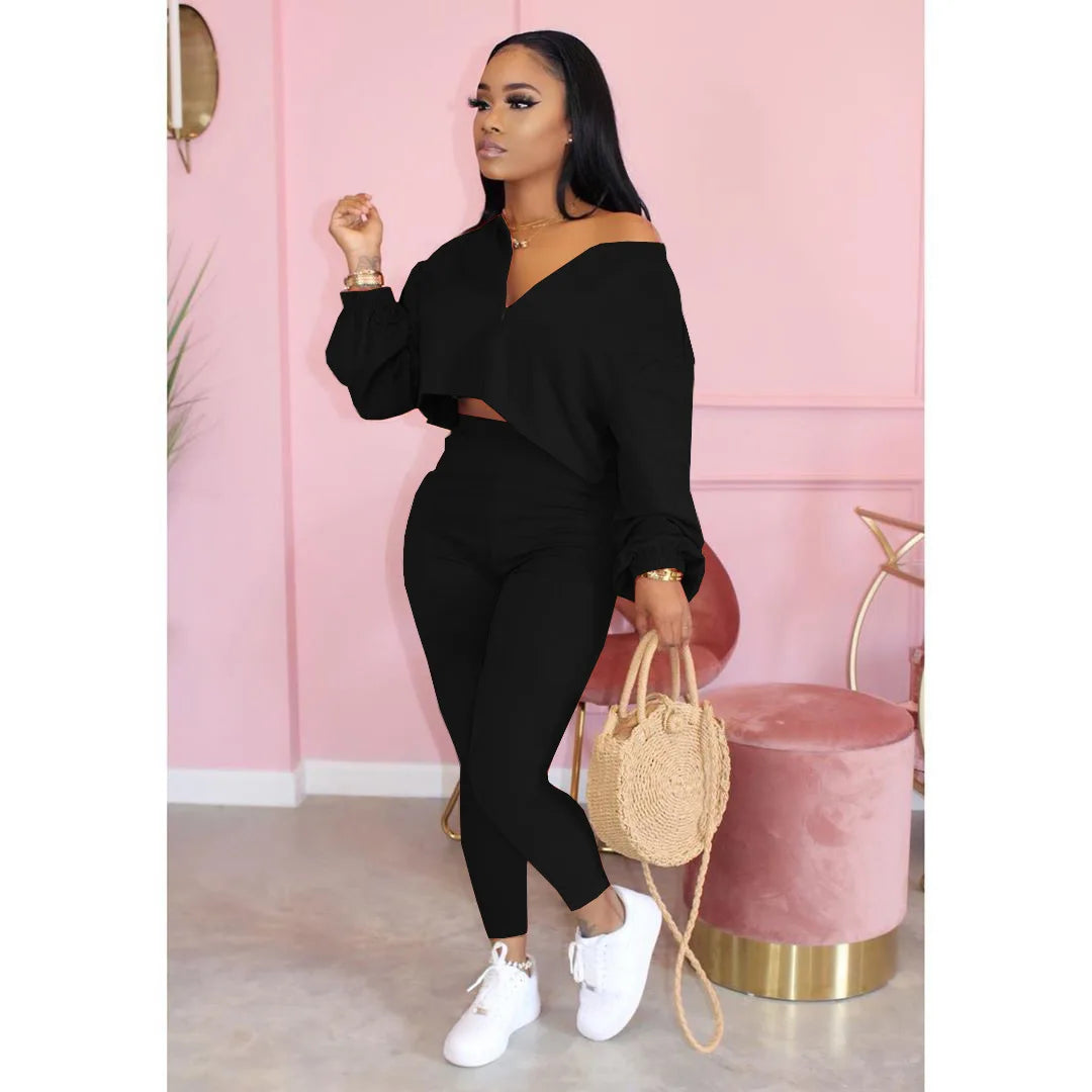 2023 FashionTracksuits Two Piece Set Women V-neck Long-sleeved Loose Crop Tops Bottoming Pants Set Office Casual Two Piece Set