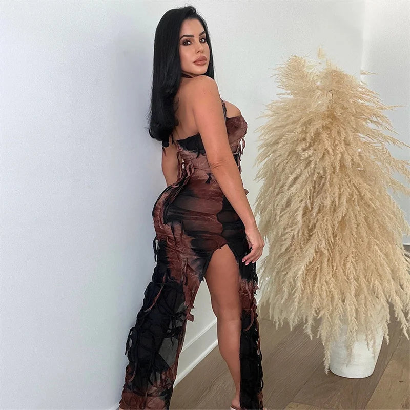 Halter Backless Strapless Birthday Dress for Women Party Night Double Side High Split Body-shaping Tassel Bodycon Maxi Dresses