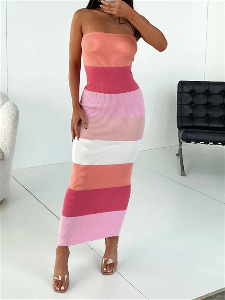 Women Summer Strapless Knitted Ribbed Dress