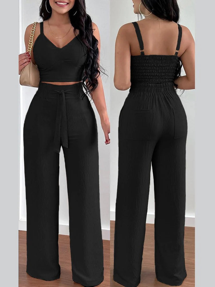 2024 Conjuntos Para Mujeres 2 Piezas Women V-neck Two-piece Set Backless Sleeveless Long Pants Casual 2 Piece Sets Women Outfit