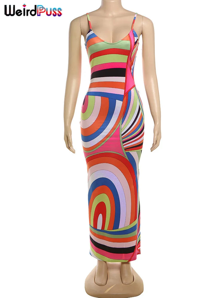 Colorful Print Tank Dress Women Side Split Skinny Elastic Sleeveless Low-Neck Summer Fashion Birthday Party Clubwear