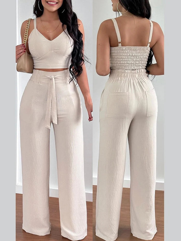 2024 Conjuntos Para Mujeres 2 Piezas Women V-neck Two-piece Set Backless Sleeveless Long Pants Casual 2 Piece Sets Women Outfit