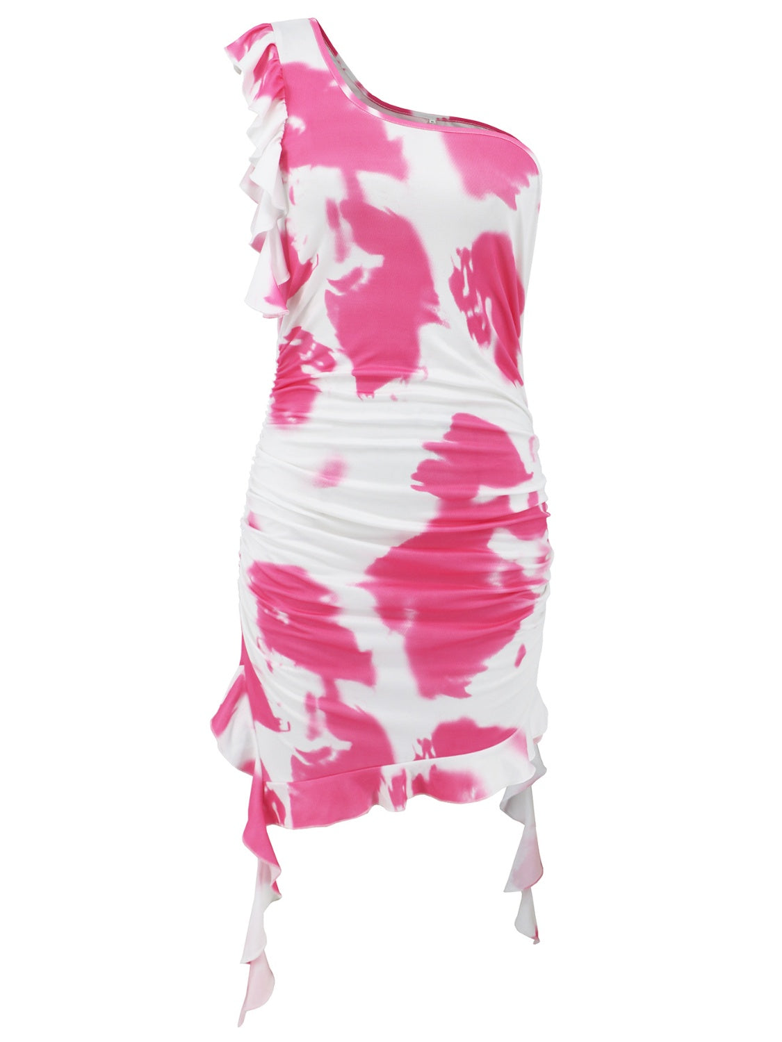 Ruffled Tie-Dye Single Shoulder Mini Dress