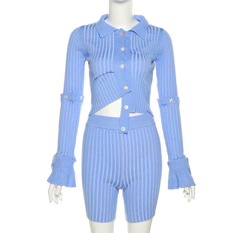 Fashion Long Sleeve Single-breasted Design Striped Shorts Suit