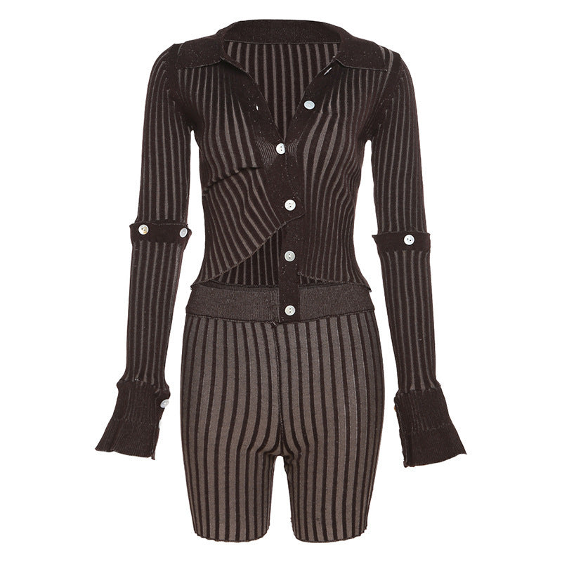 Fashion Long Sleeve Single-breasted Design Striped Shorts Suit