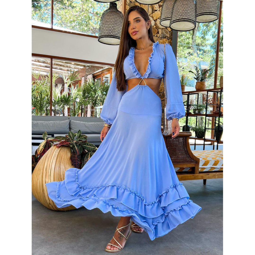 Pure Blue Deep V-neck Midriff Outfit Women's Long Sleeve Long Dress