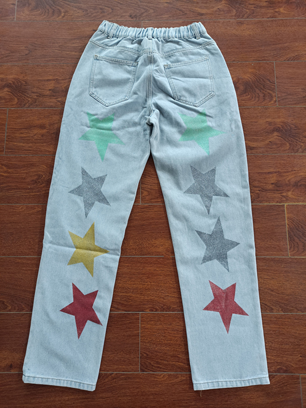 Denim Trousers Sequined Printed Ripped Five-pointed Star Jeans